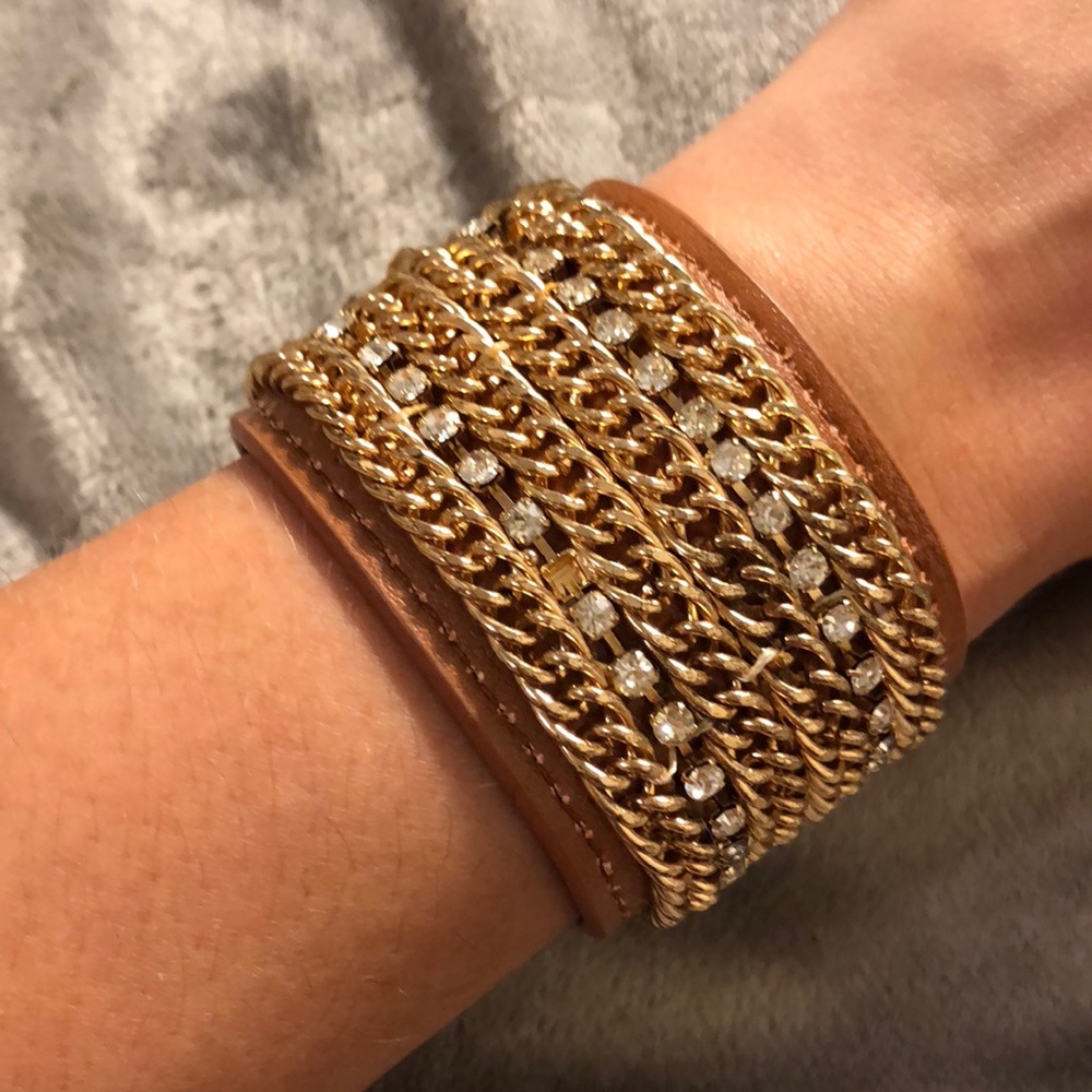 Faux Brown Leather Cuff with Gold Chains
